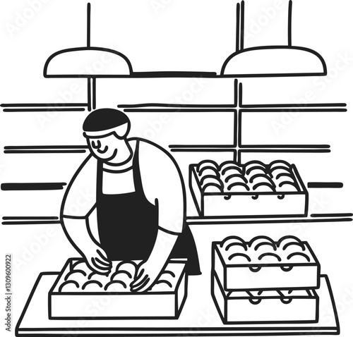 market worker organizing produce smiling employee stacking boxes of fresh goods at grocery store
