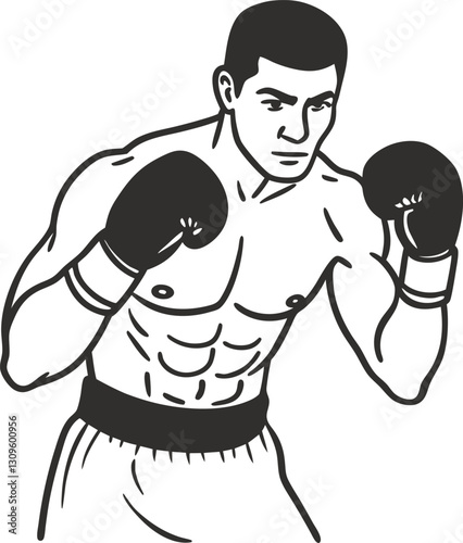 Boxer illustration male athlete in boxing stance, muscular build, wearing gloves, competitive sports, graphic art