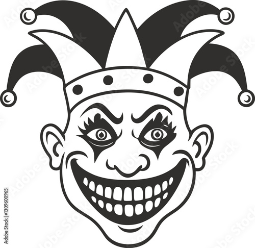 grinning jester face in black and white, classic joker illustration with pointy hat and expressive eyes