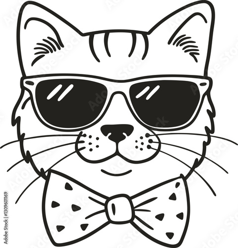 cool cat with sunglasses and bow tie in black and white line art stylish feline illustration