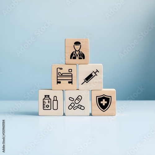 A conceptual representation of health insurance and medical care, featuring wooden blocks adorned with health-related icons. Symbols include medical services, health protection, insurance coverage.