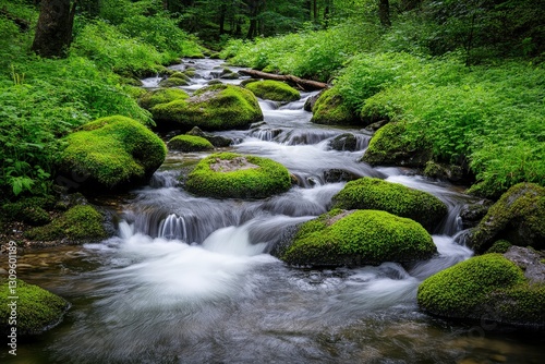 A serene stream flows through lush green moss-covered rocks, surrounded by vibrant foliage and trees, creating a peaceful natural landscape.