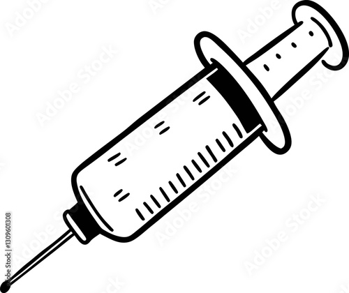 Black and white syringe drawing, medical equipment healthcare concept
