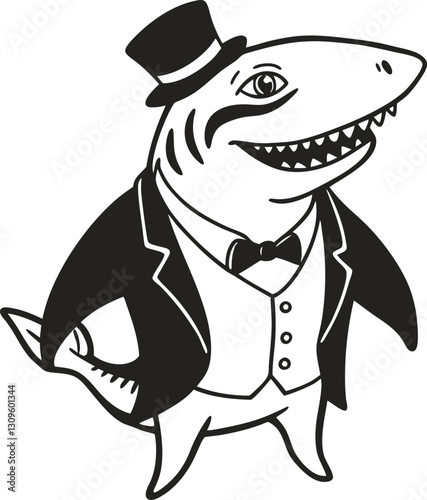 dapper shark elegant shark with top hat and tuxedo illustration anthropomorphic marine creature, formal attire, unique character concept