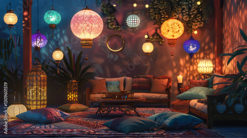 Cozy indoor space with colorful lanterns and cushions,on Ramadan,Hari Raya Aidilfitri,Eid-Ul-Fitr