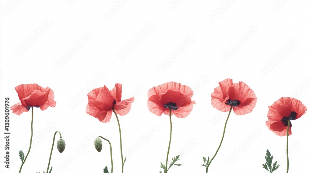 Fototapeta premium Vibrant Red Poppies in a Line on White Background