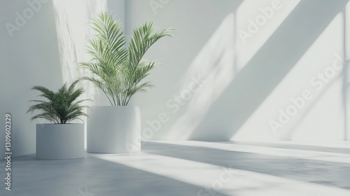 Two potted green plants in white pots sit in a bright white room with long shadows and sunlight