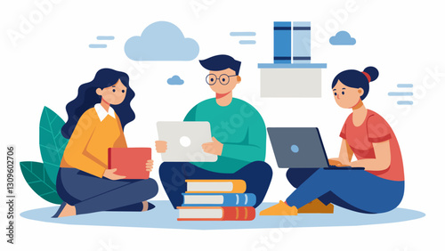 Two students sit side by side one with a stack of papers and the other with a laptop as a counselor helps them navigate the confusing world of loan. Vector illustration