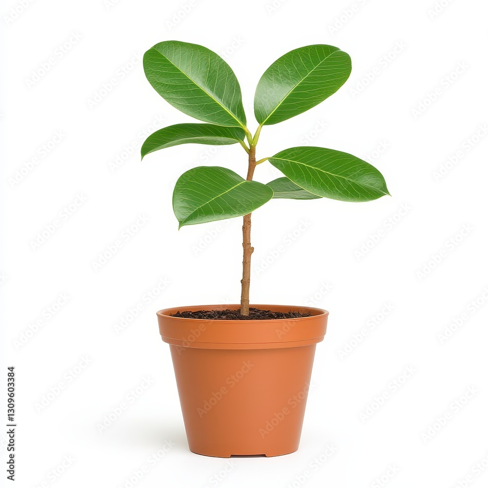 Small Green Plant in Brown Pot on White Background Small Green Plant in Brown Pot on White Background