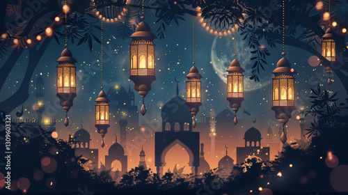 Magical lanterns illuminate serene night scene,on Ramadan,Hari Raya Aidilfitri,Eid-Ul-Fitr