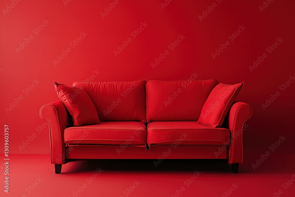 A red sofa with cushions sitting in a monochrome red room A red sofa with cushions sitting in a monochrome red room