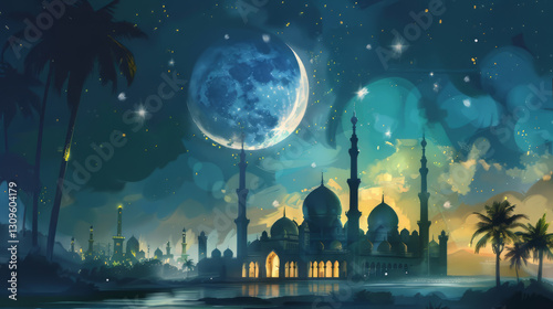 Majestic mosque under starry night sky with full moon,on Ramadan,Hari Raya Aidilfitri,Eid-Ul-Fitr