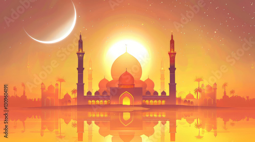 Majestic mosque silhouette at sunset with crescent moon,on Ramadan,Hari Raya Aidilfitri,Eid-Ul-Fitr
