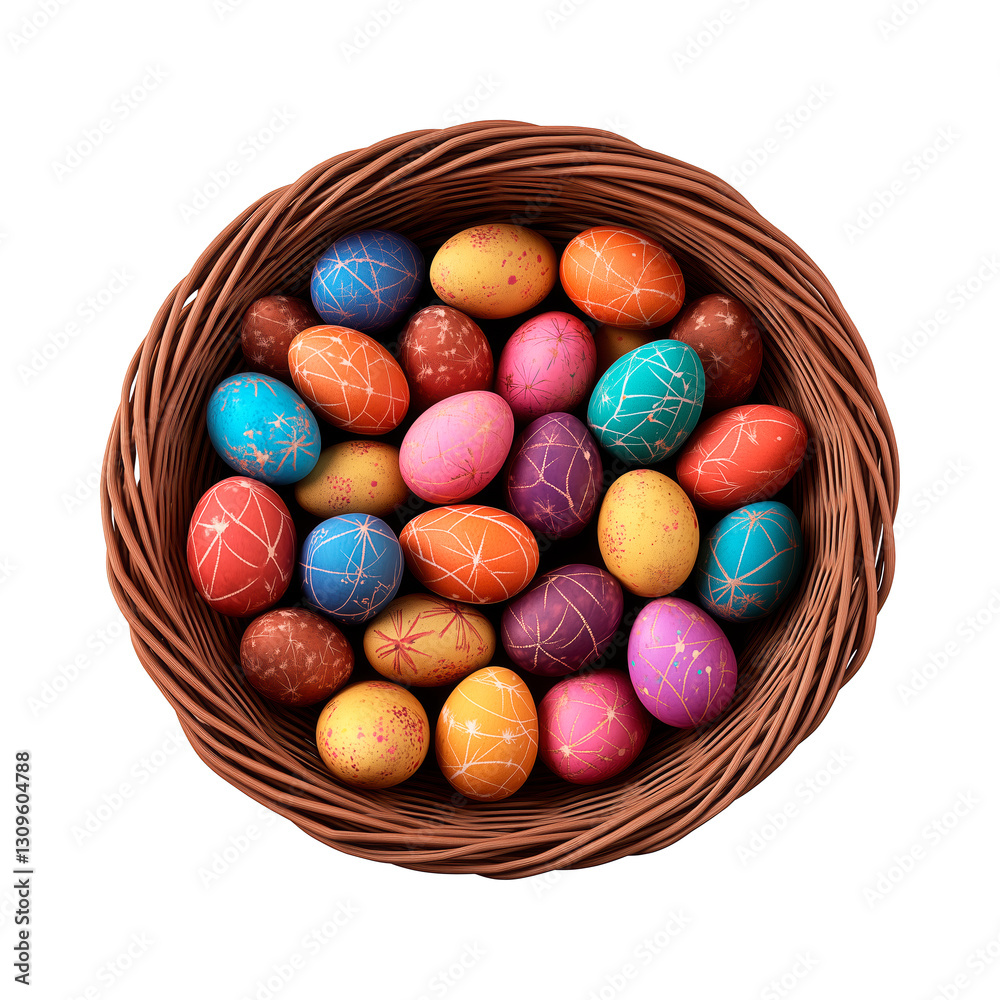 Vibrant hand-painted Easter eggs in a wicker basket, Easter eggs basket png image Vibrant hand-painted Easter eggs in a wicker basket, Easter eggs basket png image