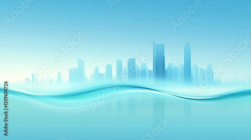 Blue city skyline and flowing lines