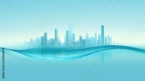 Blue city skyline and flowing lines