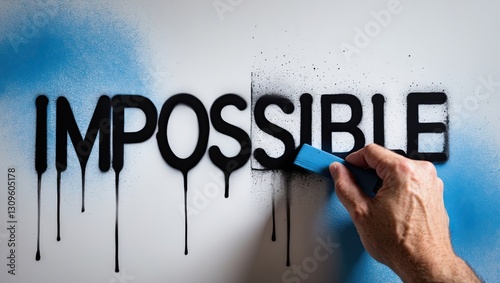 Hand removing paint from the word 'Impossible' on a wall covered in blue splashes