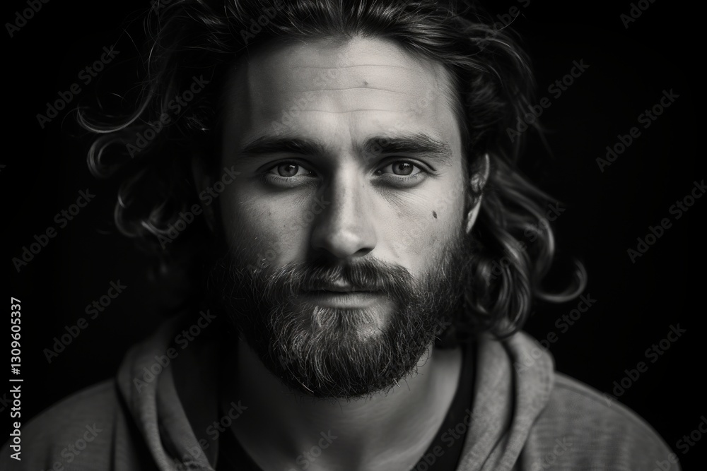 Fototapeta premium A young man gazes thoughtfully into the distance, framed by his tousled hair and full beard. The striking contrast of light and shadow accentuates his intense expression