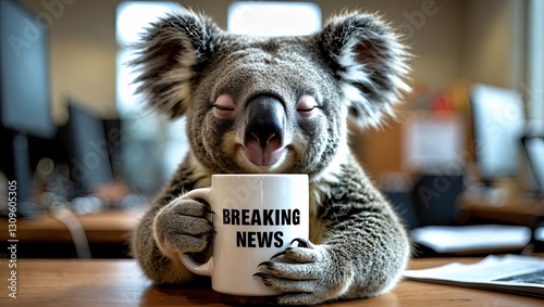 A koala holding a coffee mug labeled 'Breaking News' in an office setting, conveying a sense of fun and alertness