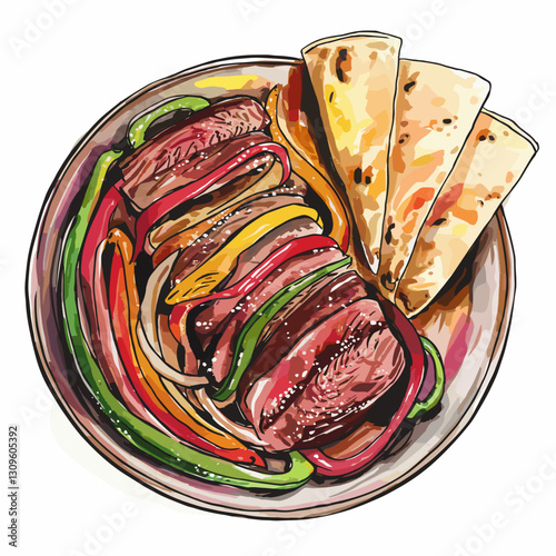 Watercolor Illustration of a Steak Fajita Platter with Tortillas