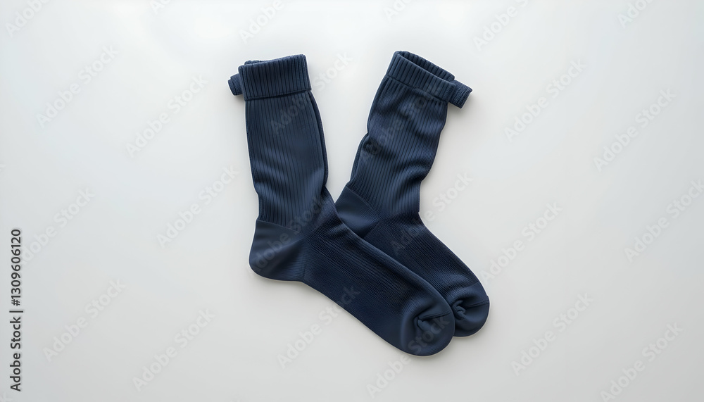 Arranging Two Dark Blue Socks on White Surface for Product Display