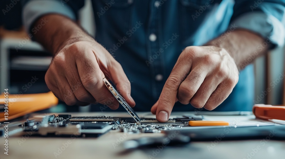 Close up of technician's hands using tools to repair a computer motherboard, highlighting the precision and skill involved in electronics repair Close up of technician's hands using tools to repair a computer motherboard, highlighting the precision and skill involved in electronics repair