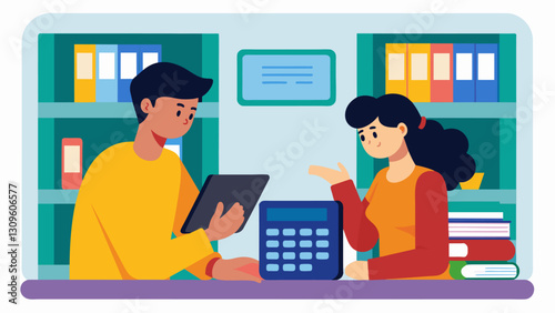 Two students in a school library collaboratively using a digital calculator to assess the total cost of four years at their top college choices.. Vector illustration