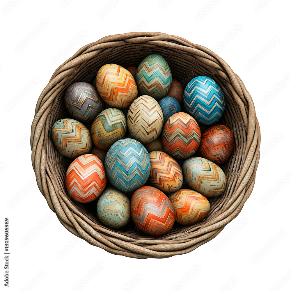 Fototapeta premium Colorful pastel Easter eggs arranged artfully in a wicker basket, multicolour hand-painted Easter eggs in a basket png image