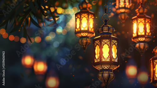 Magical lanterns glowing in serene night setting,on Ramadan,Hari Raya Aidilfitri,Eid-Ul-Fitr