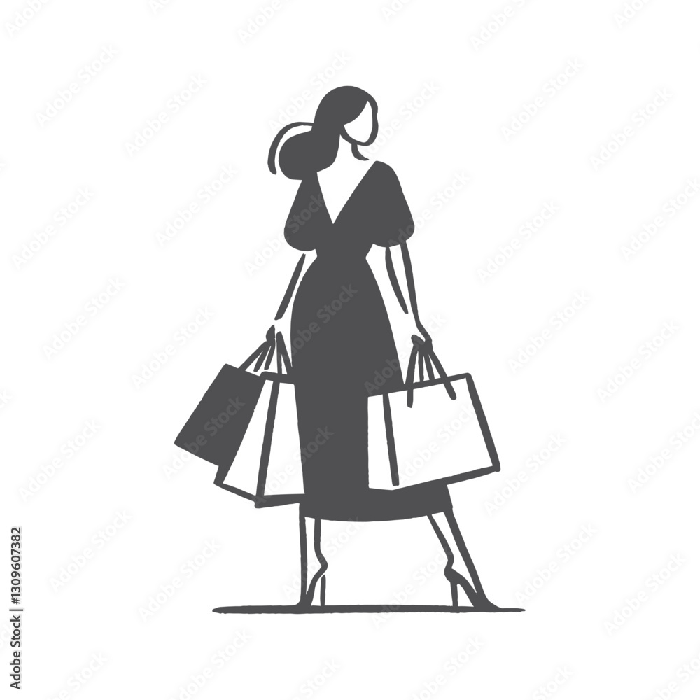 Stylish woman in a dress with shopping bags, vector line art Stylish woman in a dress with shopping bags, vector line art