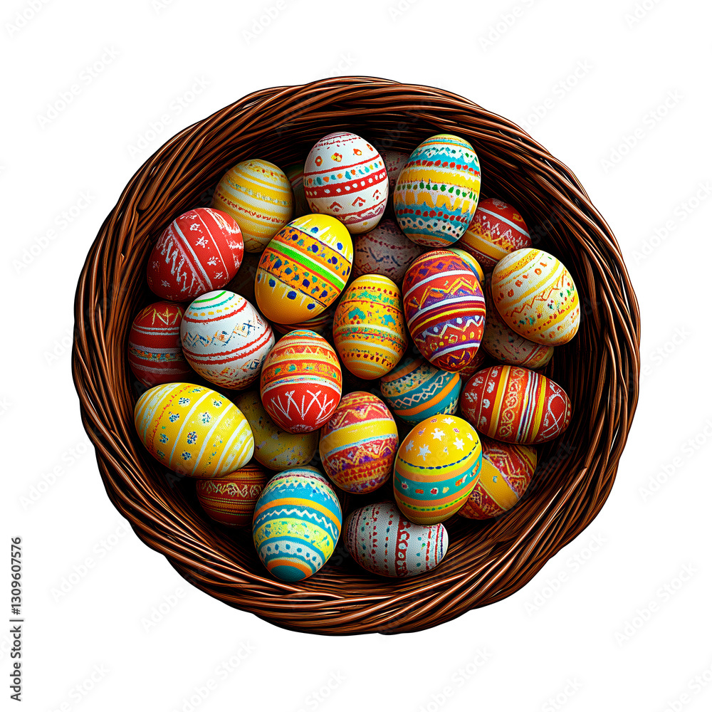 Fototapeta premium Colorful Easter eggs arranged in a wicker basket for a festive spring celebration, multicolored Easter eggs wicker basket png image