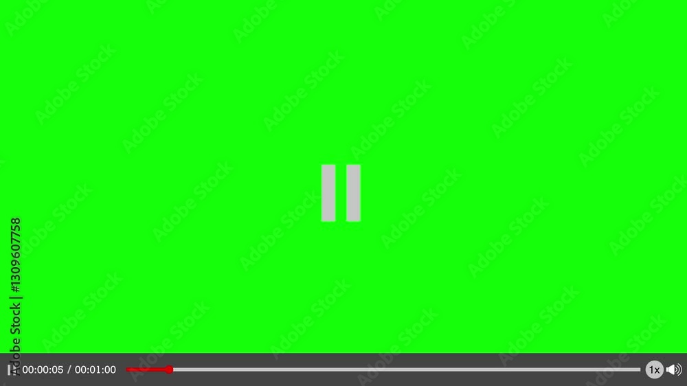 Video player with green screen background. Media player video playback interface. Time code running on multimedia player loading bar. 1 minute video player animation