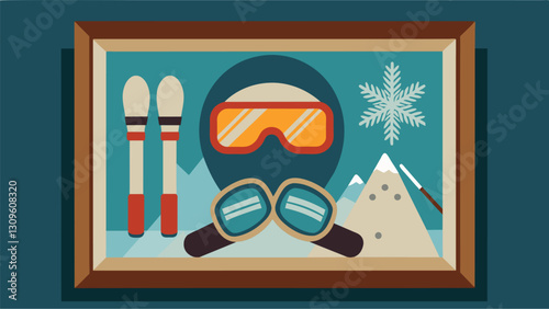 A framed display of vintage ski goggles snowshoes and skis paying tribute to the history of winter sports.. Vector illustration