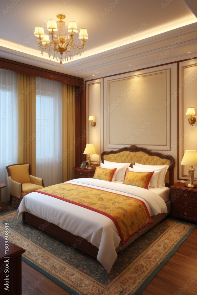 arafed bed in a bedroom with a chandelier and a chair arafed bed in a bedroom with a chandelier and a chair