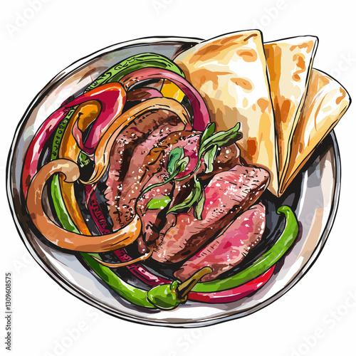 Watercolor Illustration of a Steak Fajita Platter with Tortillas