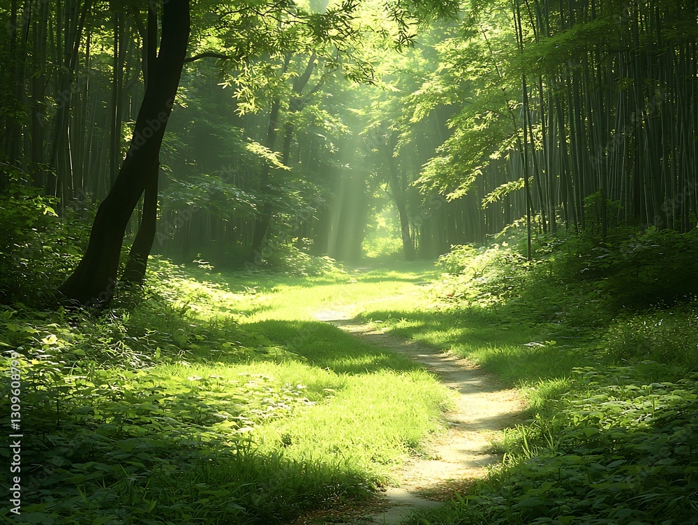Obraz premium Sunlight path through green forest woods