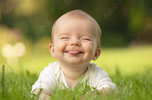 Fototapeta Naklejka Na Ścianę i Meble -  Smiling baby crawling on the grass