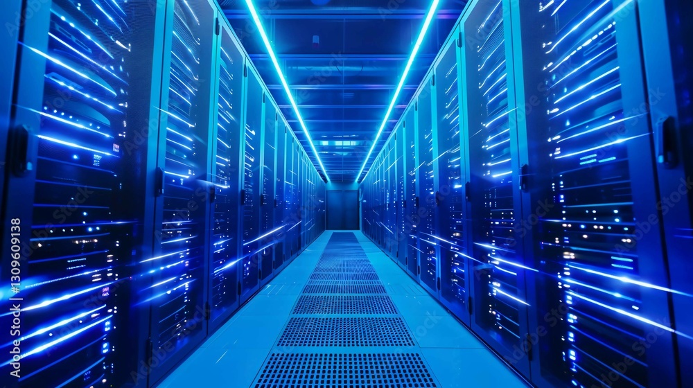 Obraz premium Futuristic supercomputer with glowing blue lights in a high-tech minimalist environment, showcasing advanced technology and innovation with ample copy space for design.