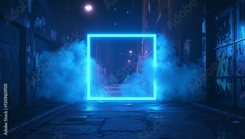 Neon glow illuminates a mysterious, smoky urban alleyway at night. A vibrant blue square frame adds a futuristic touch to the scene.