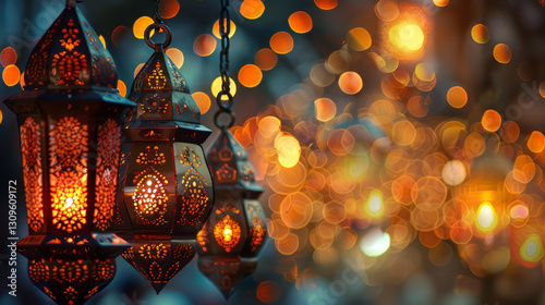 Beautiful lanterns glowing in warm light,on Ramadan,Hari Raya Aidilfitri,Eid-Ul-Fitr
