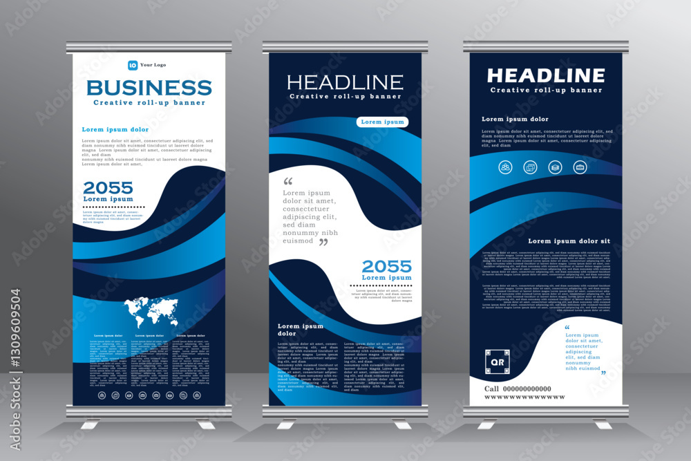 Business Roll up banner vertical template design, for brochure, business, flyer, modern x-banner and flag-banner advertising. Template vertical roll up banner with blue color, vector illustration