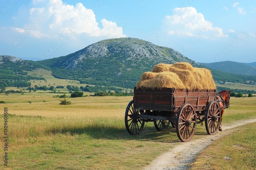 Obraz premium Wagon filled with harvested wheat straw in a scenic landscape during the day
