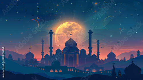 Majestic mosque silhouette under full moon at night,on Ramadan,Hari Raya Aidilfitri,Eid-Ul-Fitr