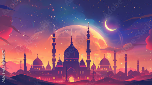 Majestic mosque silhouette against vibrant sunset sky,on Ramadan,Hari Raya Aidilfitri,Eid-Ul-Fitr