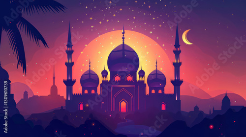 Majestic mosque silhouette at sunset with stars and moon,on Ramadan,Hari Raya Aidilfitri,Eid-Ul-Fitr
