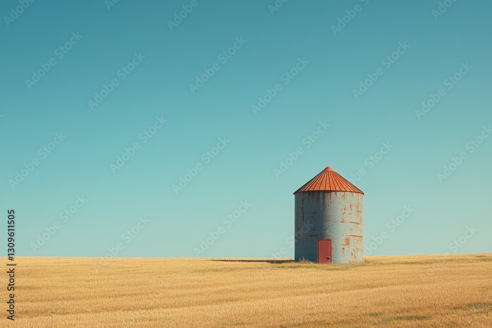 Wheat fields stretch under a clear blue sky with a red-topped silo standing alone in the distance Wheat fields stretch under a clear blue sky with a red-topped silo standing alone in the distance
