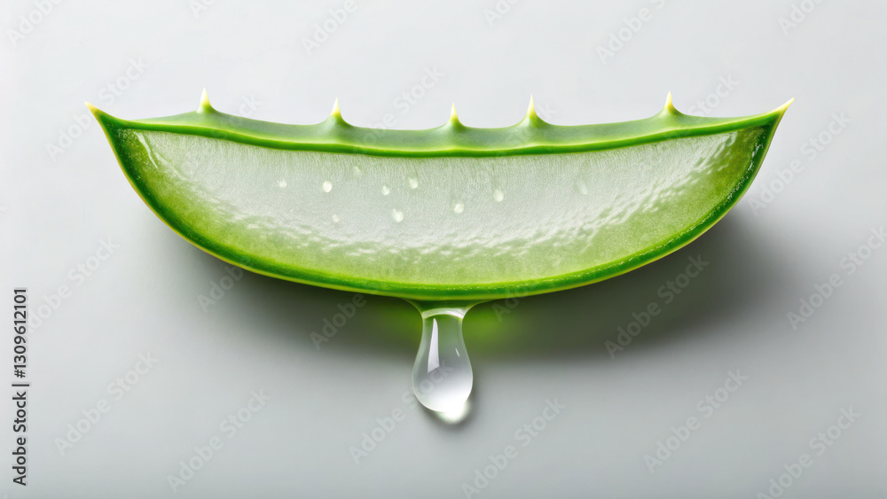 Fototapeta premium Aloe vera leaf cut open, showcasing its hydrating gel and dripping moisture