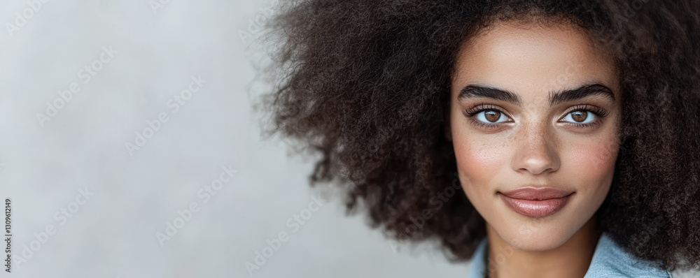 Portrait of an individual with curly hair against a neutral background showcasing natural beauty Portrait of an individual with curly hair against a neutral background showcasing natural beauty