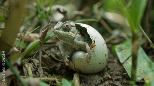 Newborn Chameleon Hatching Forest Egg.