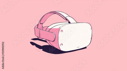VR, A simple drawing of a white VR headset on a pink background, drawn by hand with a pencil.